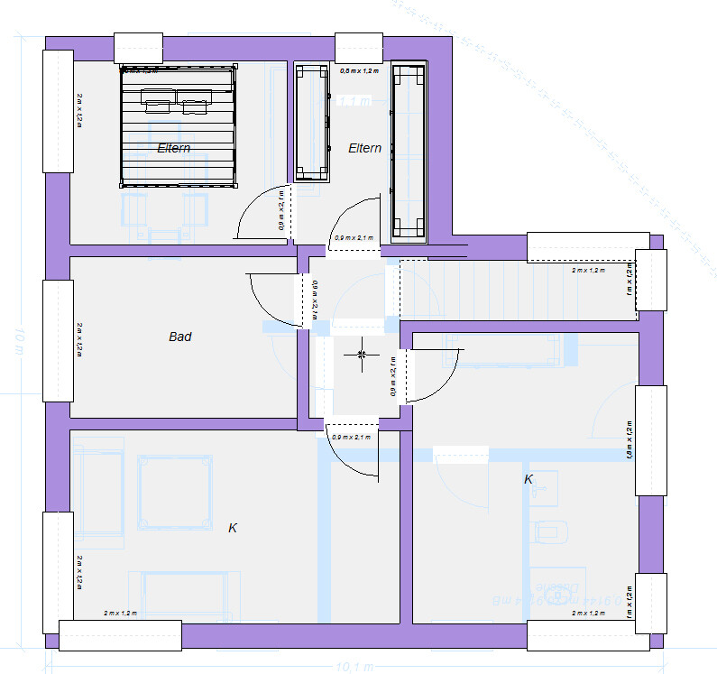 Grundriss eines Hauses mit zwei Elternschlafzimmern, Bad, Küche und Treppenaufgang.