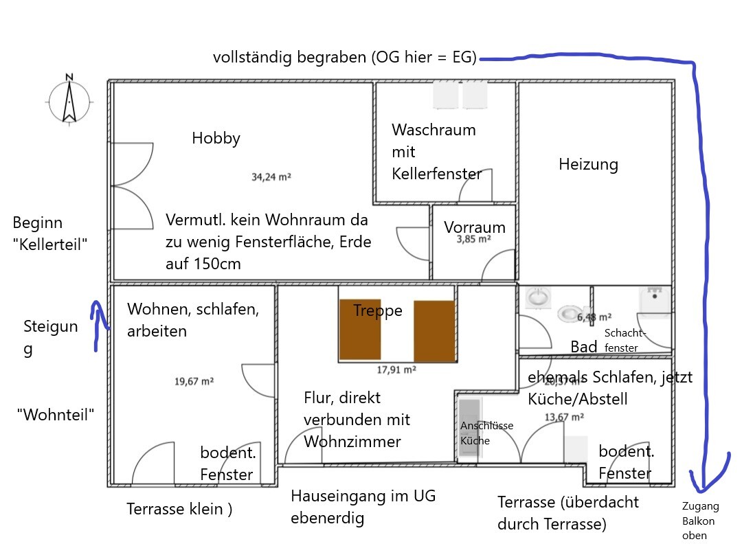 Detaillierter Grundriss eines Hauses mit Hobbyraum, Treppe, Bad, Küche und Terrasse