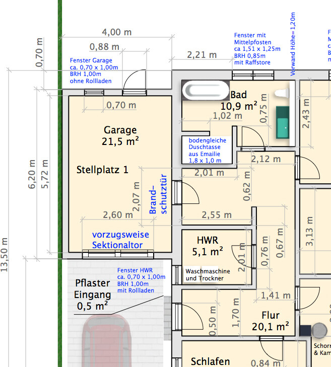 2D-Grundriss eines Einfamilienhauses mit Garage, Flur, Bad, Schlafzimmer, Küche und Wohnzimmer