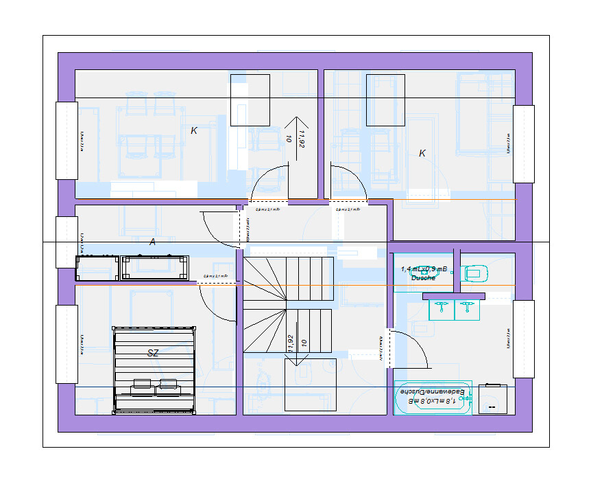 Grundriss-Dachgeschoss eines Doppelhauses: zwei Wohnungen, Treppe, Küche, Bad, Schlafzimmer.