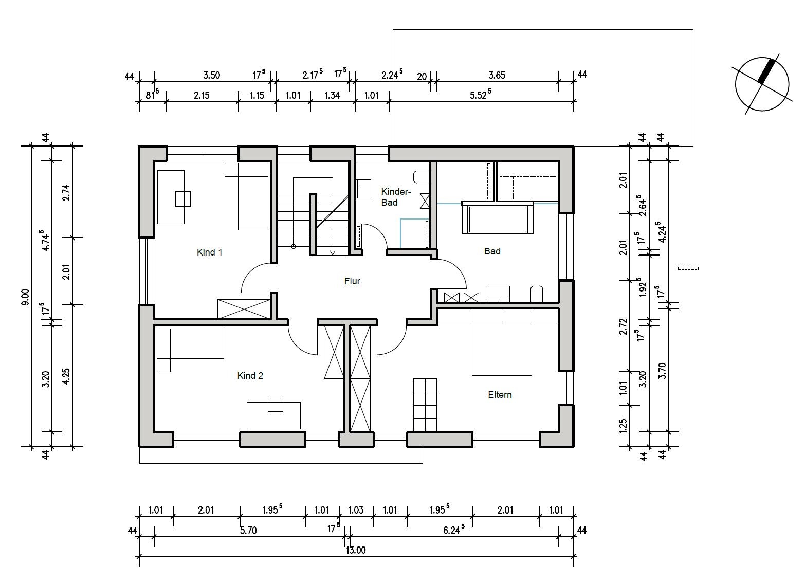 Grundriss eines Hauses mit Flur, Eltern-, Kind 1, Kind 2, Bad und Kinderbad.