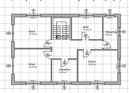 Grundriss eines Hauses mit Kinder-, Eltern-, Arbeitszimmer, Bad und Fluren.