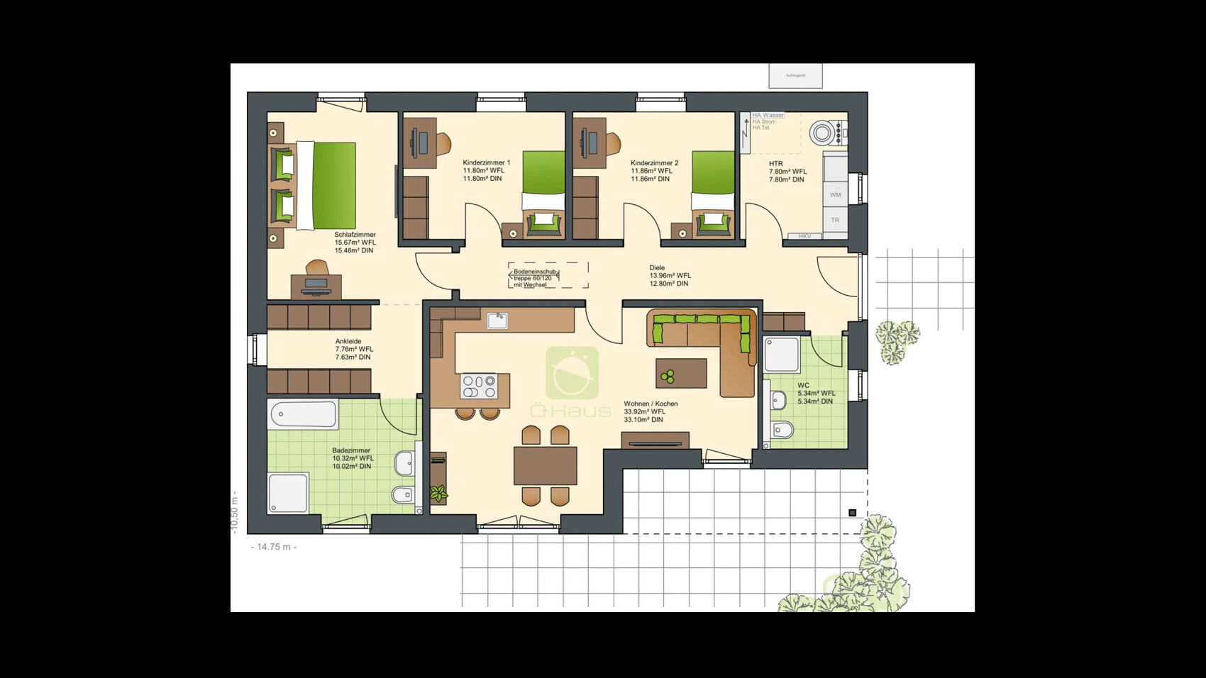 2D-Hausgrundriss mit Wohnzimmer, Schlafzimmern, Küche und Bad