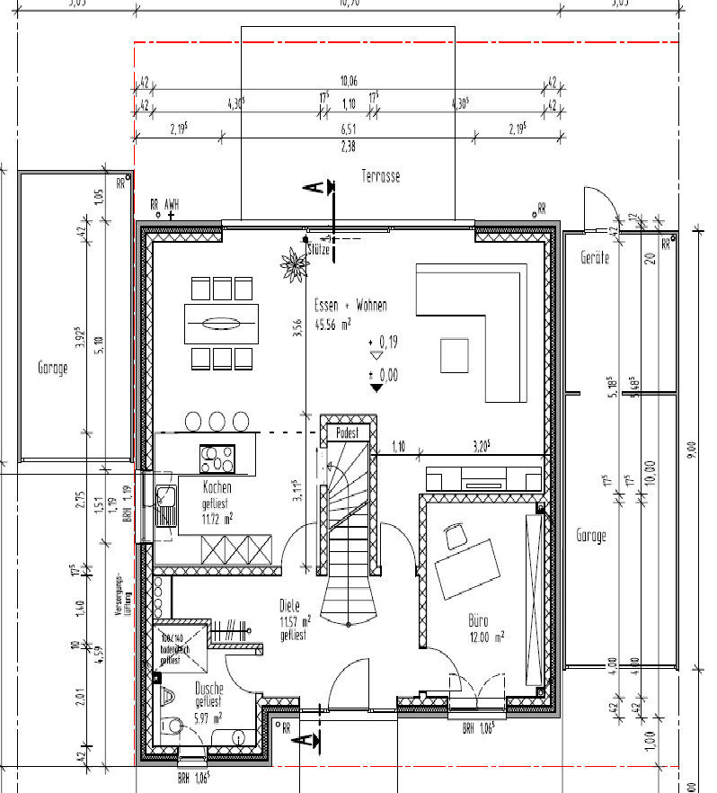 Grundriss eines Hauses mit Küche, Essen, Wohnzimmer, Diele, Terrasse und Garage