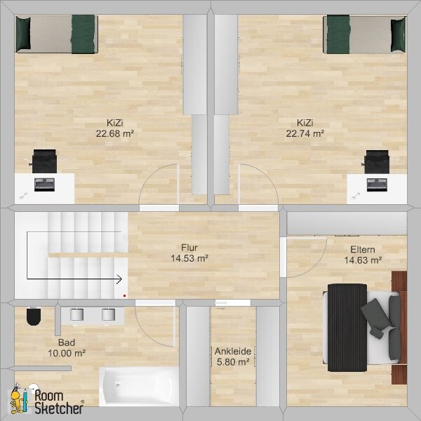 Grundriss der Etage: zwei Kinderzimmer, Elternzimmer, Flur, Bad, Ankleide, Treppenhaus.