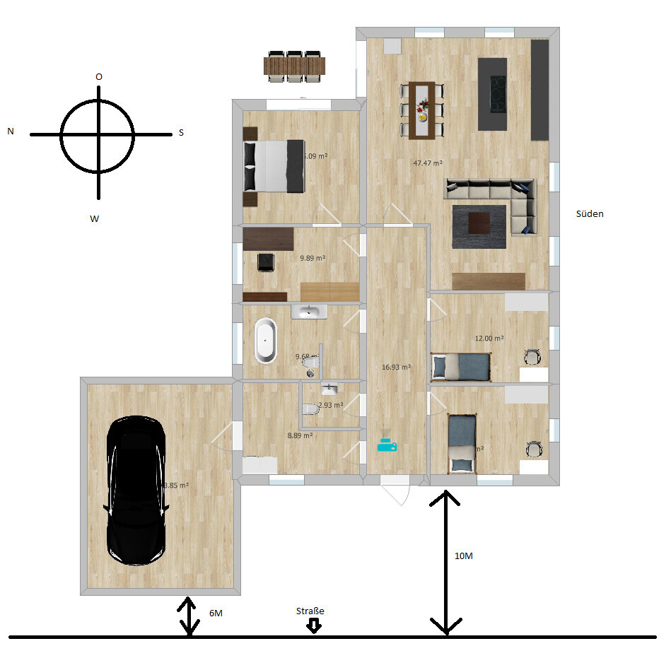 Grundriss eines Einfamilienhauses: Wohnzimmer mit Esstisch, Küche, Schlafzimmer, Bad, Flur, Garage.