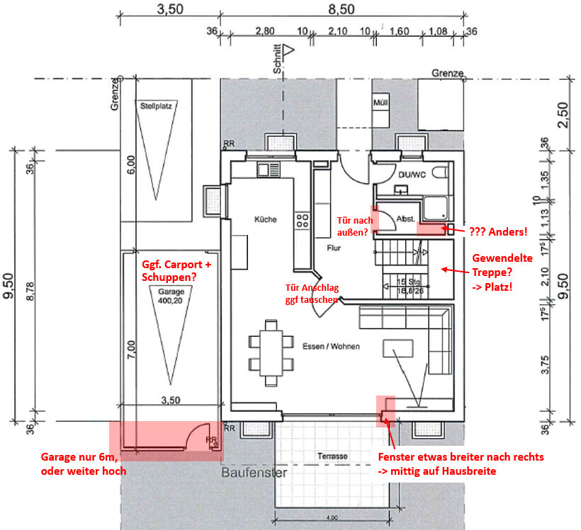Grundriss eines Hauses: Küche, Wohnen/Essen, Flur, Treppe, Bad, Terrasse, Garage/Carport.