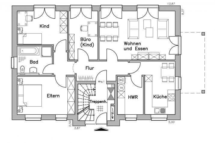 Grundriss eines Wohnhauses: Flur, Treppenhaus, Küche, Wohnen/Essen, Bad, Eltern- und Kindzimmer.