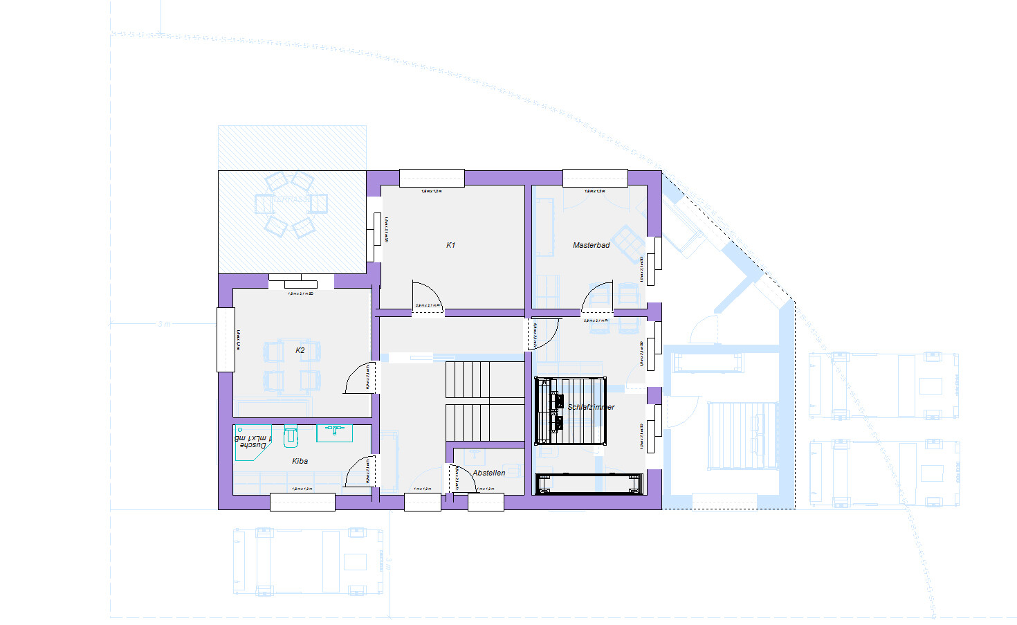 Grundriss eines Wohnhauses mit Schlafzimmer, Masterbad, K1, K2, Küche und Abstellraum