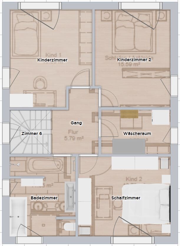 Grundriss eines Hauses: zwei Kinderzimmer oben, Schlafzimmer, Badezimmer, Wäscheraum, Flur und Gang.
