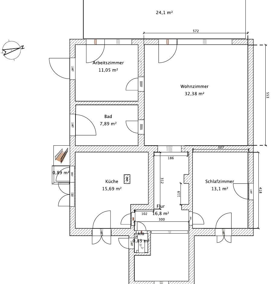 2D-Grundriss eines Hauses mit Wohnzimmer, Küche, Bad, Arbeitszimmer und Schlafzimmer.