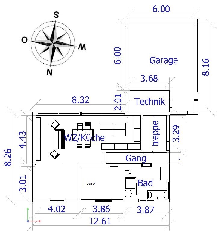 Grundriss eines Hauses mit Garage, Technikraum, Treppe, Gang, Bad, Büro und Wohn-/Küchenbereich