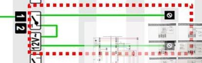 Technischer Grundriss mit Haustechnikleitungen, grüne Linien und roter Umriss