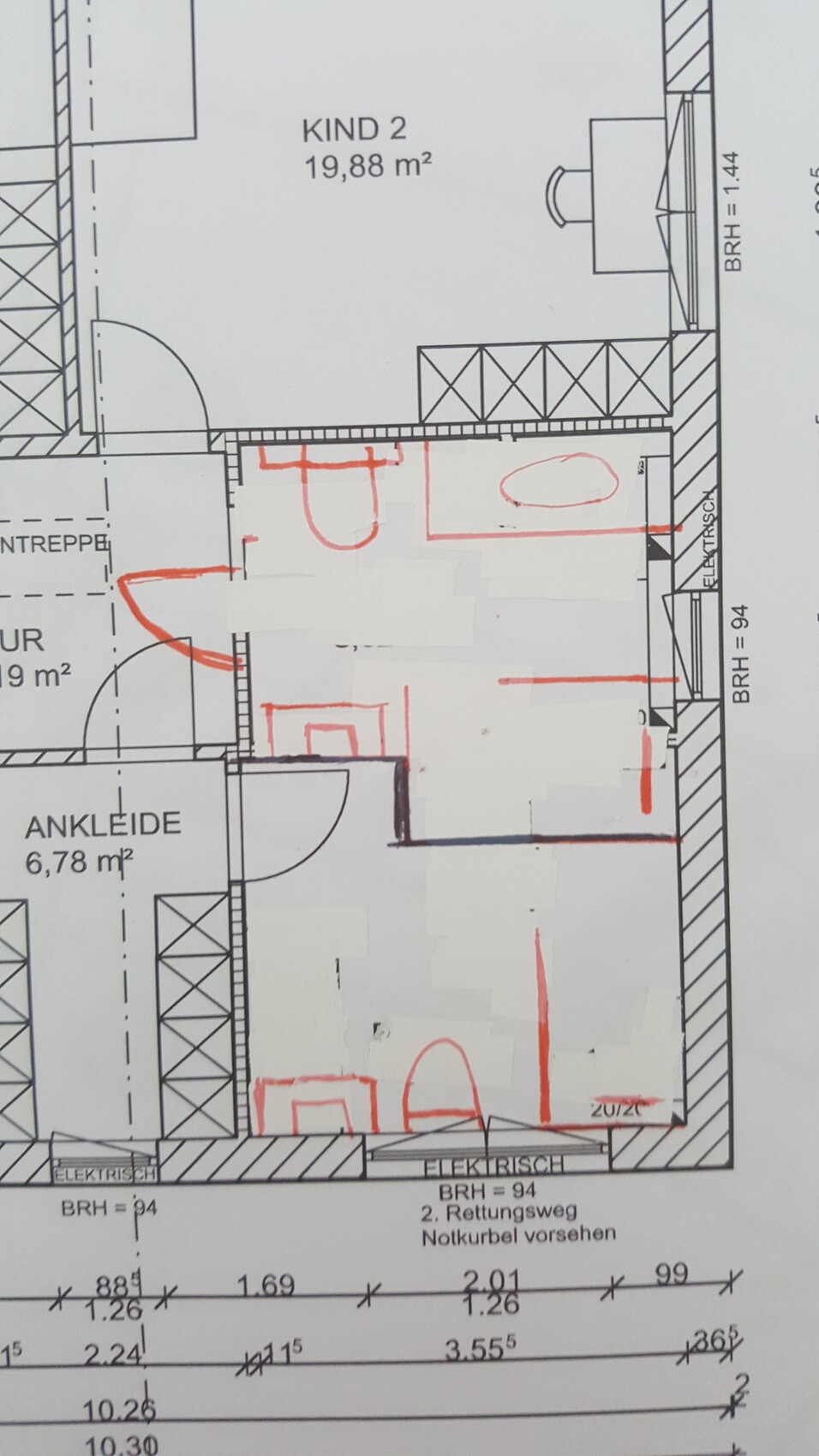 Grundriss der Wohnung: Kind 2 (19,88 m²) und Ankleide (6,78 m²) mit roten Linien.