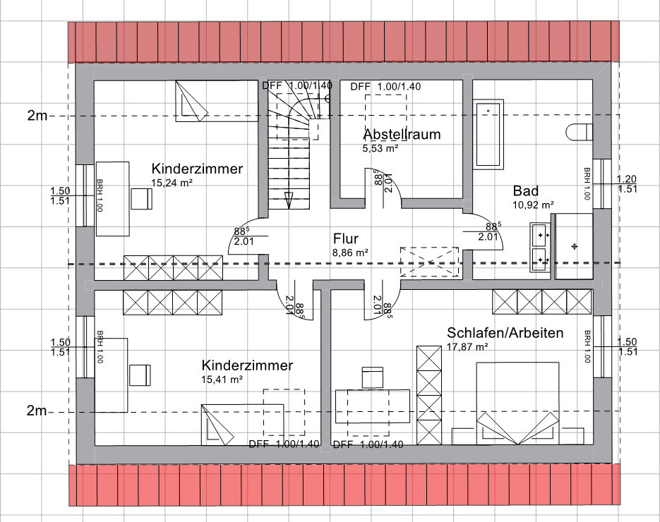 Grundriss eines Hauses mit Flur, Bad, Abstellraum, Schlafen/Arbeiten, zwei Kinderzimmer.