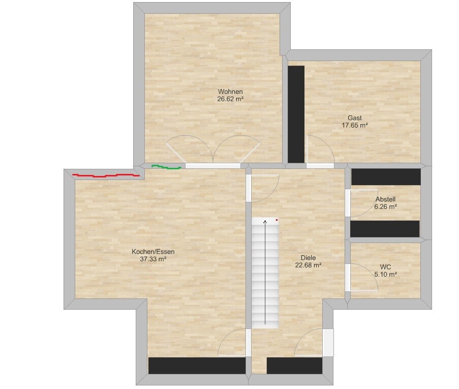 Grundriss eines Hauses mit Belegen für Wohnen, Kochen/Essen, Diele, Gast und Abstellraum
