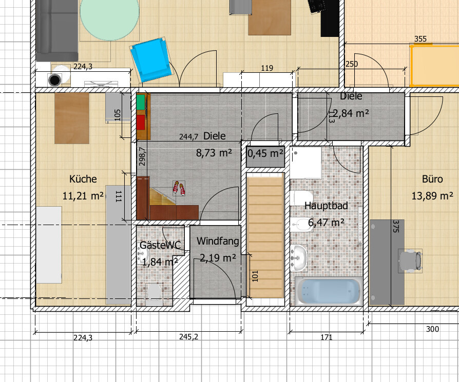 2D-Grundriss eines Wohnhauses mit Kuche, Diele, Gaste-WC, Windfang, Hauptbad und Buero