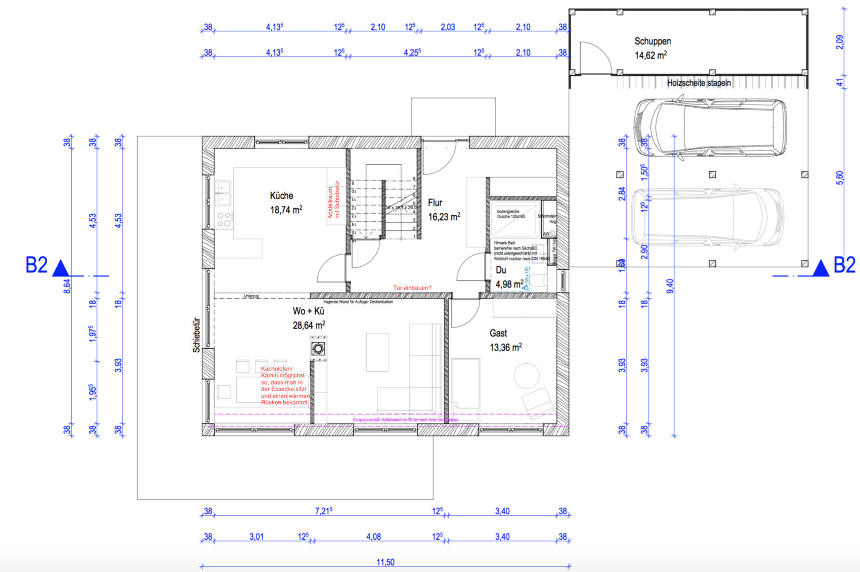 Grundriss eines Hauses mit Küche, Wohnen, Flur, Gästezimmer, Schuppen, Garage mit zwei Autos