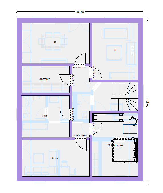 Grundriss eines Hauses: zwei obere Räume, Bad, Abstellen, Büro, Schlafzimmer, Flur und Treppe.