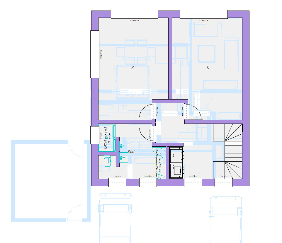 Grundriss eines Hauses: zwei große Räume, Bad, Flur, Treppenhaus, Eingang und Garage links.