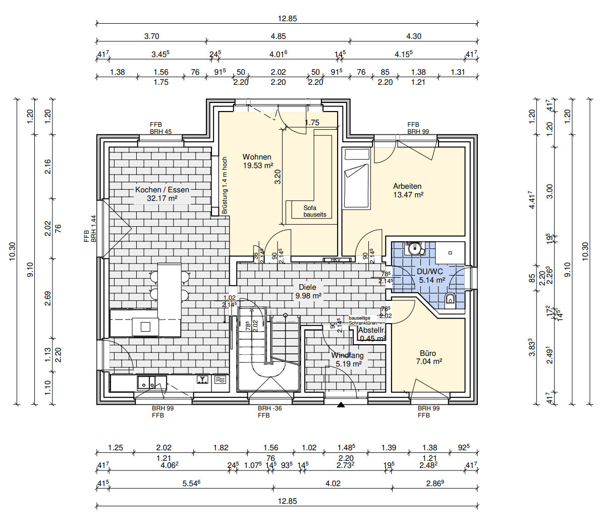 Grundriss eines Hauses mit Wohnen, Kochen/Essen, Arbeiten, Büro, Diele, DU/WC.