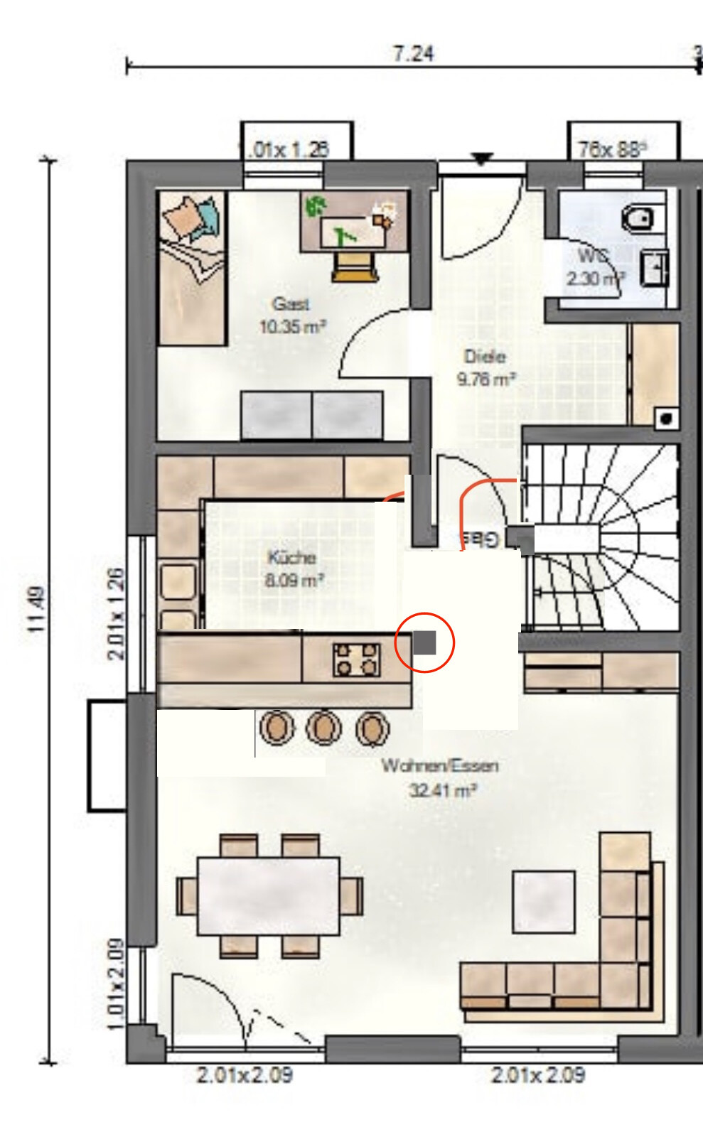 Grundriss eines Hauses: Erdgeschoss mit Küche, Wohn-Essen-Bereich, Gästezimmer, Flur, WC und Treppe.