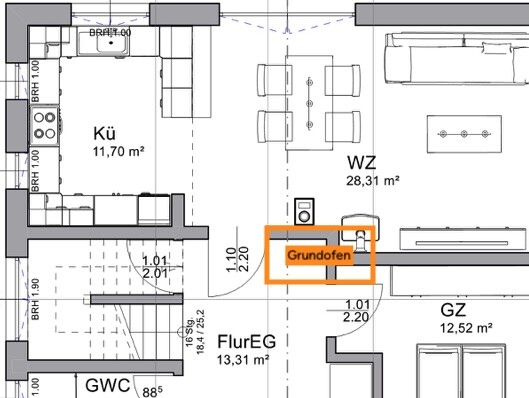 2D-Grundrissplan Küche Wohnzimmer Flur mit Grundofen