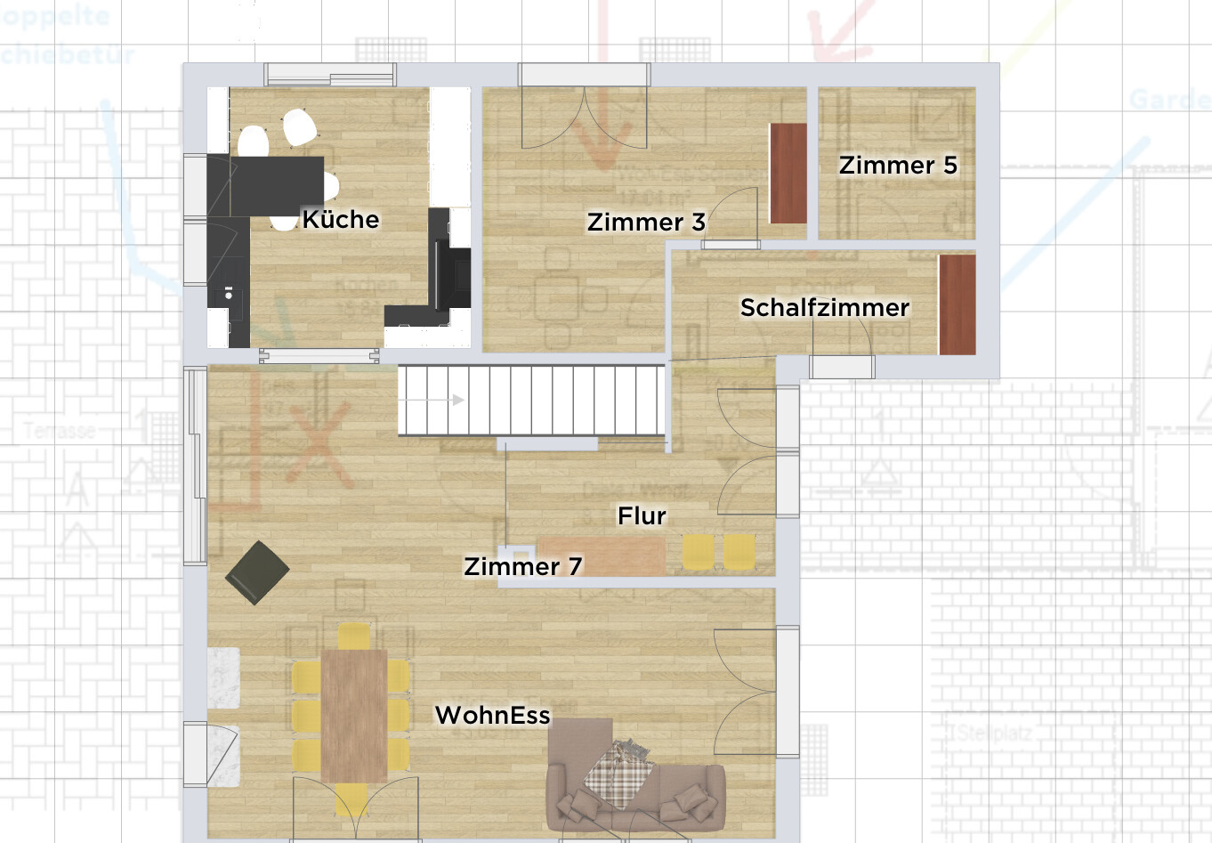 Top-Ansicht eines Grundrisses: Küche, Wohnzimmer mit Esstisch, Flur, Schlafzimmer, Zimmer 3, 5, 7.