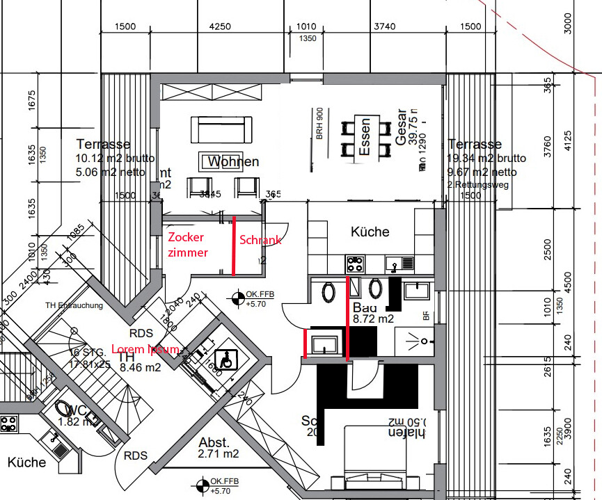 Grundriss einer Wohnung: Wohnzimmer, Esszimmer, Küche, Bad, Terrasse, WC, Abstellraum.