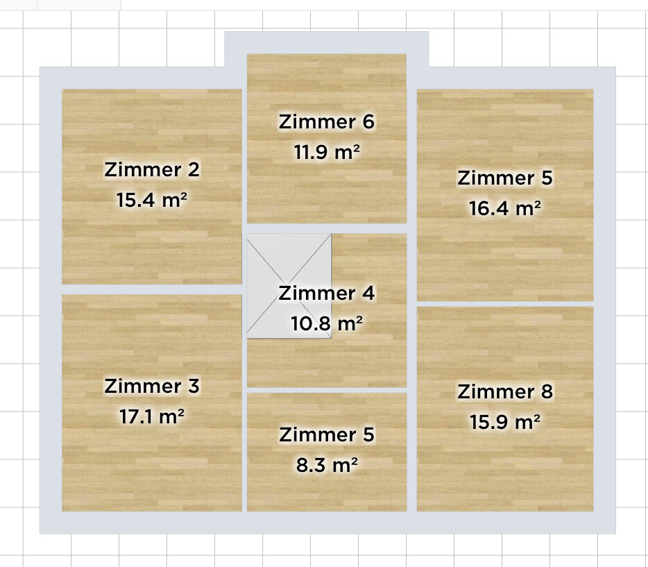 Grundriss eines Gebäudes mit Zimmern 2–8 und Flächenangaben in m².