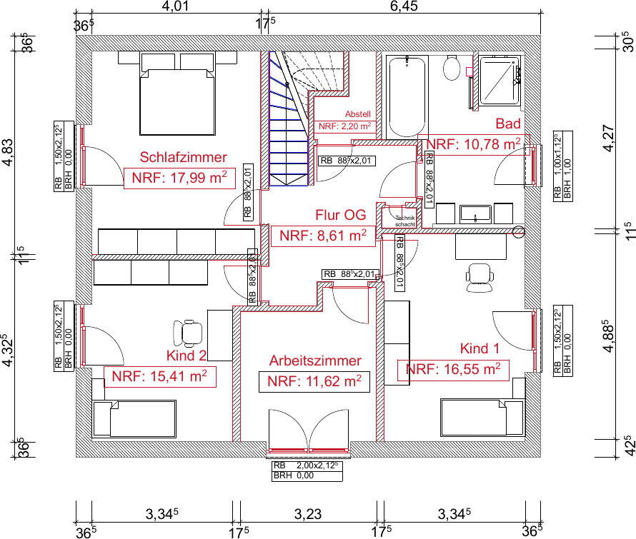 Grundriss OG: Schlafzimmer, Arbeitszimmer, Bad, Flur, 2 Kinderzimmer, Abstellraum.
