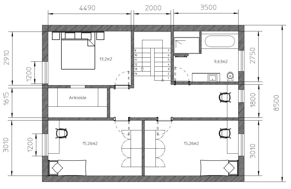Grundriss eines oberen Stockwerks mit zwei Schlafzimmern, Ankleide, Bad und Treppenaufgang