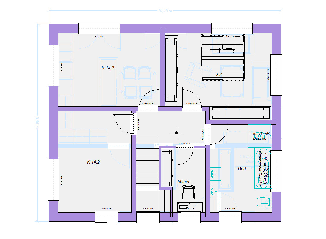 Grundriss eines oberen Stockwerks: Flur, Treppen, 2 Kinderzimmer, Schlafzimmer, Bad, Nähzimmer.