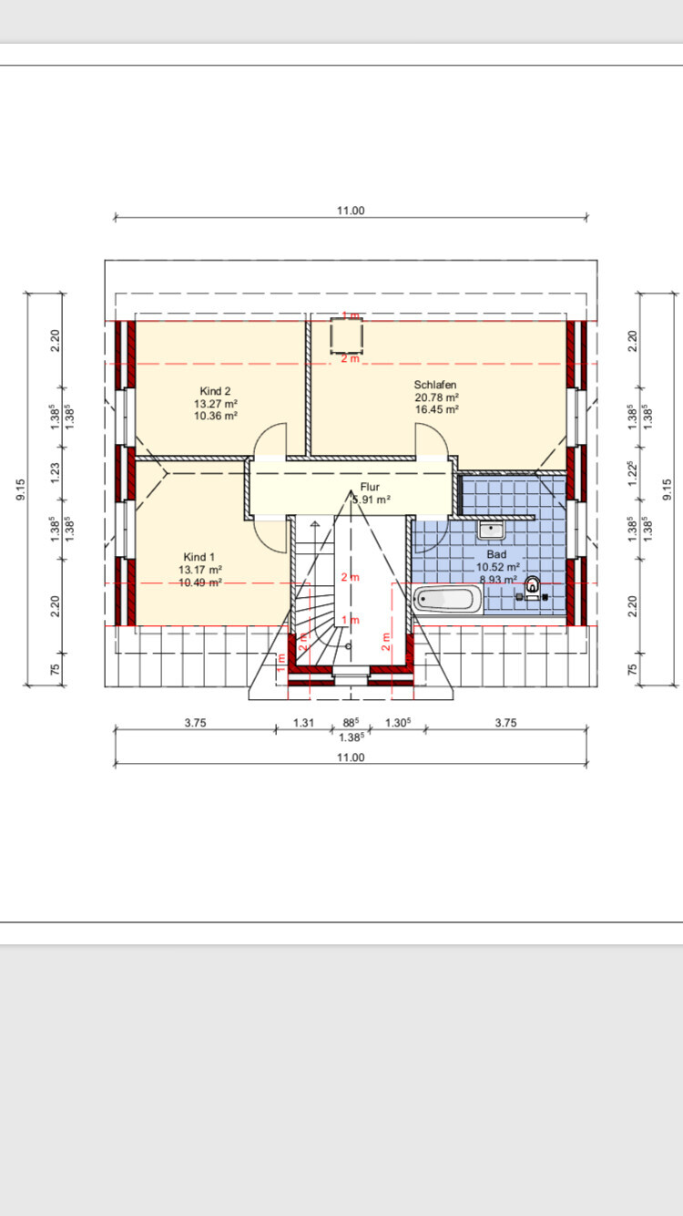 2D-Grundriss eines Hauses mit Schlafzimmer, Kinderzimmern, Flur und Bad
