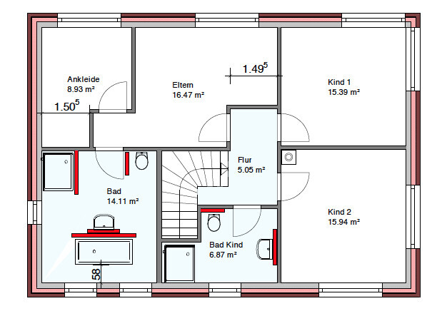 2D Grundriss eines Hauses mit Eltern- und Kinderräumen, Bad und Flur