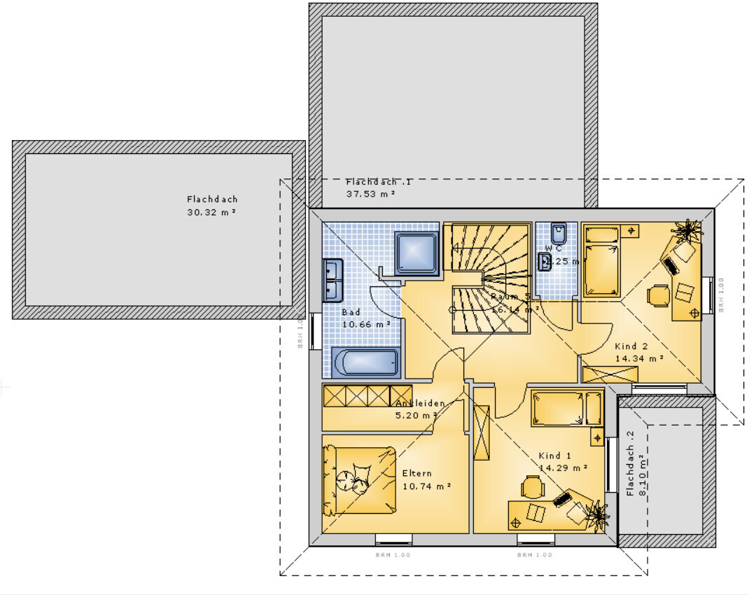2D-Grundriss eines Wohnhauses mit Eltern-, Kinderzimmern, Bad, Treppenhaus