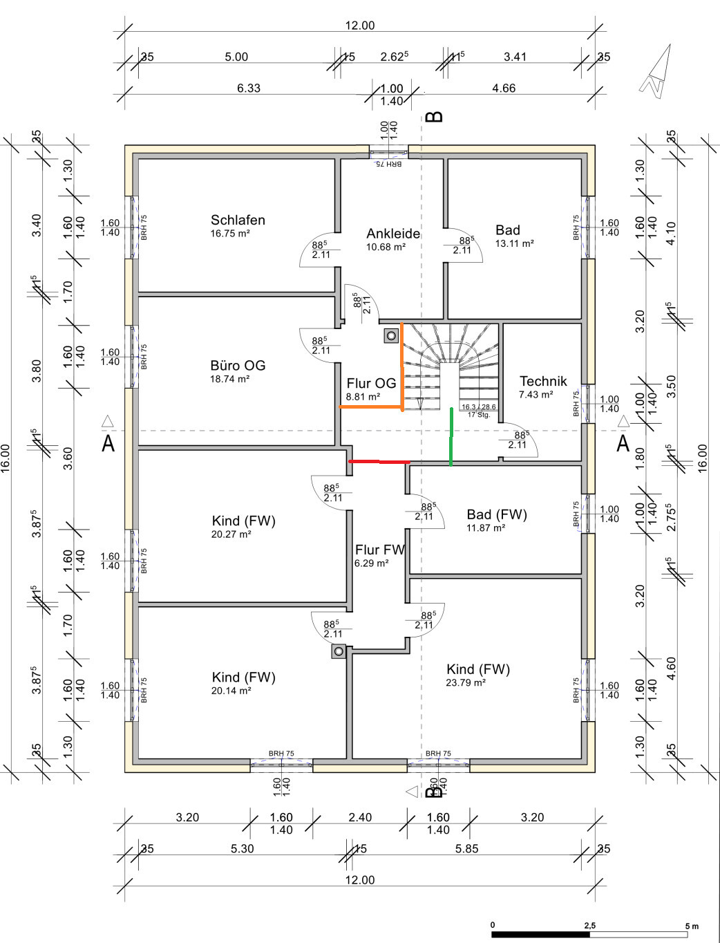 Grundriss Obergeschoss: Schlafen, Ankleide, Bad, Büro OG, Flur OG, Technik, Kind-FW, Treppenhaus.