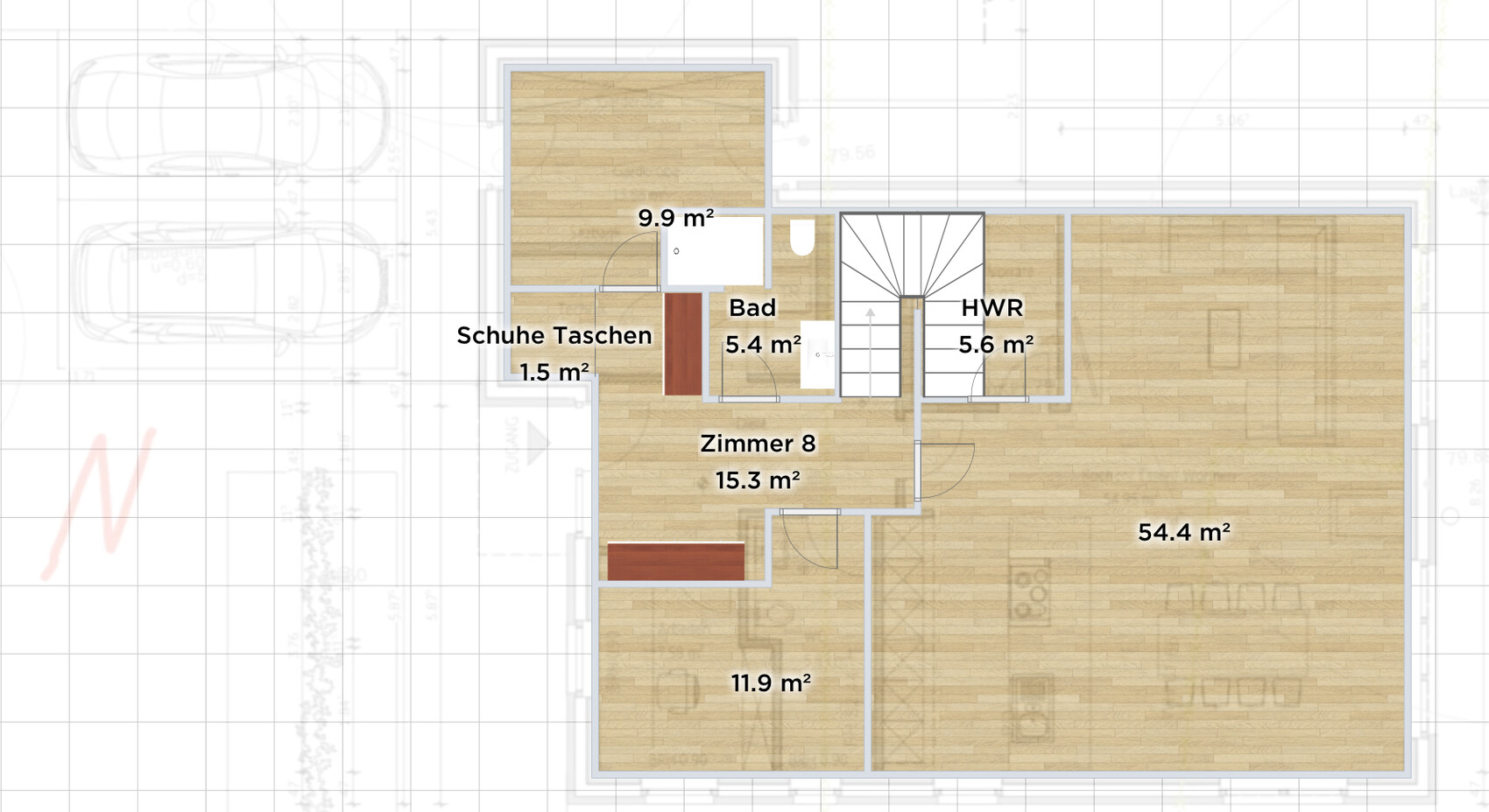 Grundriss der Etage: Zimmer 8 (15.3 m²), Bad 5.4 m², HWR 5.6 m², Schuh Taschen 1.5 m², 54.4 m² Raum.