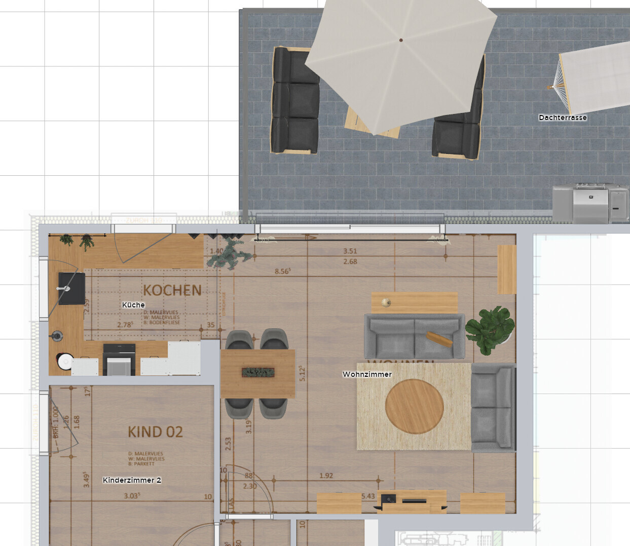 Draufsicht eines offenen Wohn- und Küchenbereichs mit Terrasse, Esstisch, Sofa und Pflanzen.