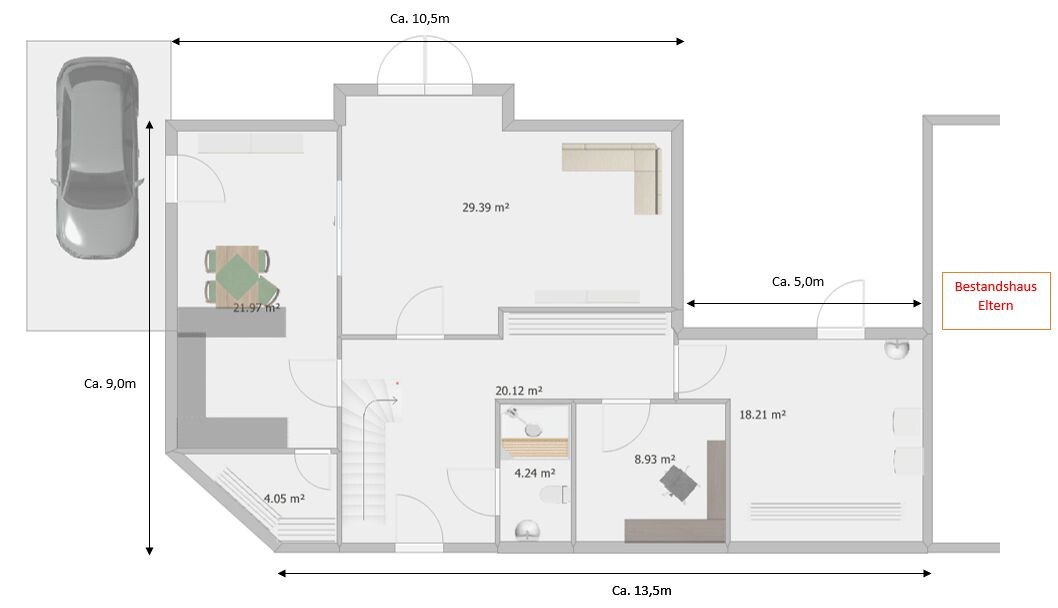 Grundriss eines Hauses: Garage mit Auto links, mehrere Zimmer, Treppen, Maße in m²