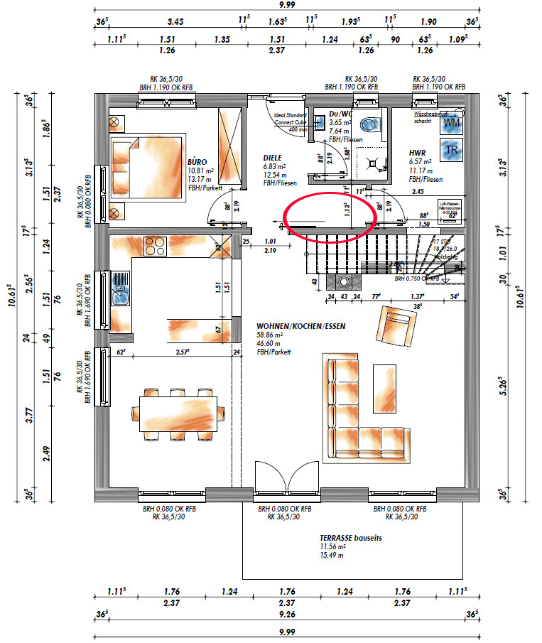 Grundriss Erdgeschoss: Wohnen/Küche/Essbereich, Büro, Diele, Terrasse.