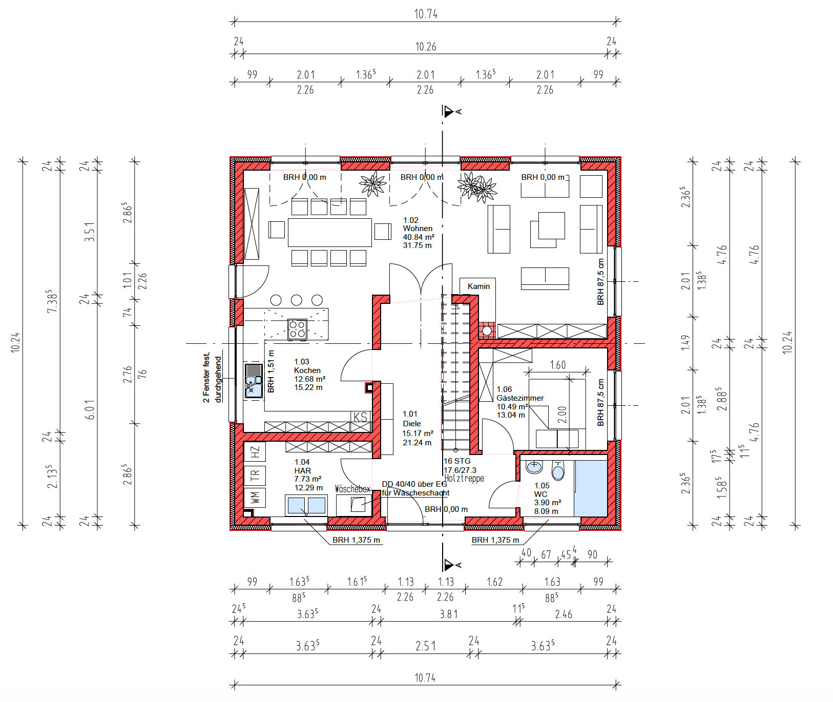 Grundriss eines Hauses mit Küche, Wohnzimmer, Bad, Diele, Treppe und Möbel.