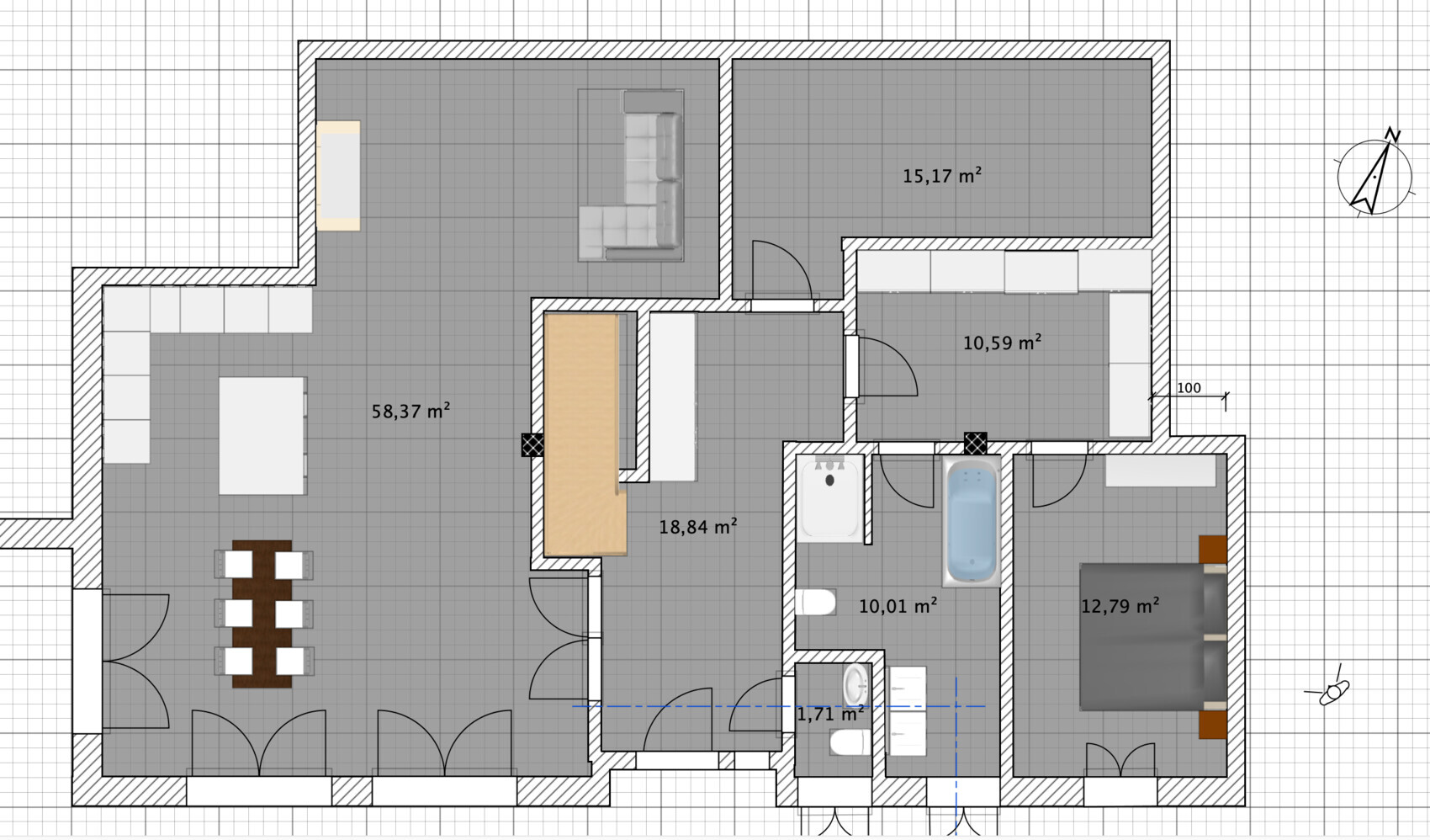 2D-Grundriss eines Hauses mit Wohnzimmer, Küche, Bad und Schlafzimmer.