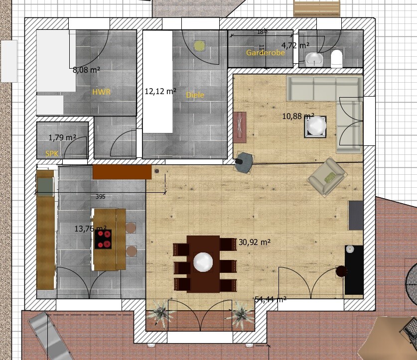 Grundriss eines Hauses: offener Wohn-/Essbereich, Küche, Diele, HWR, Garderobe.