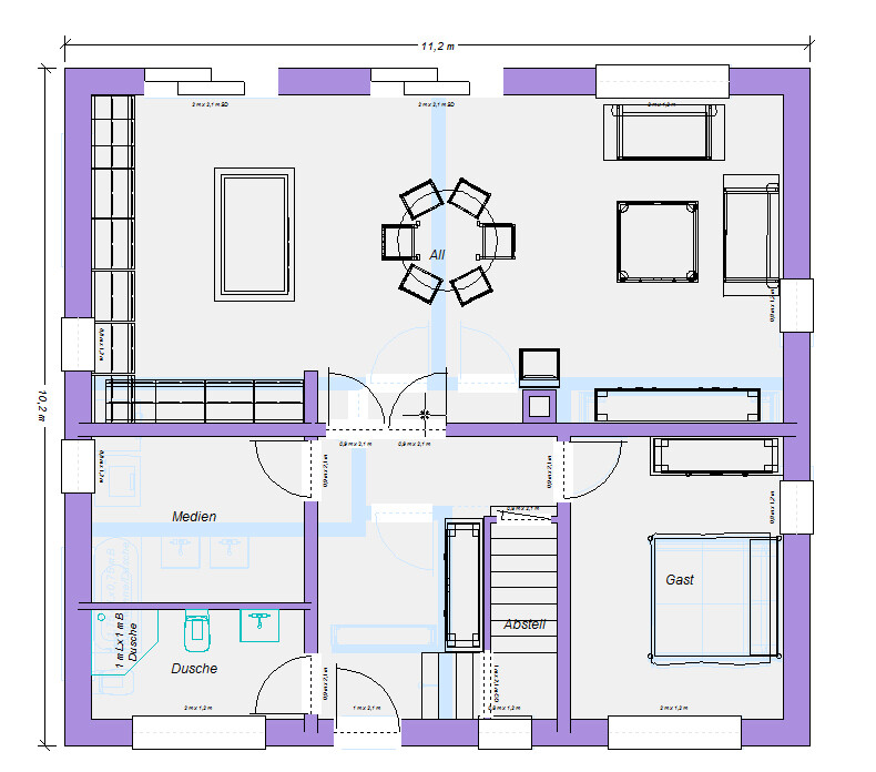 Grundriss eines Apartments: Wohnzimmer mit Esstisch, Küche, Dusche, Gästezimmer, Abstellraum.