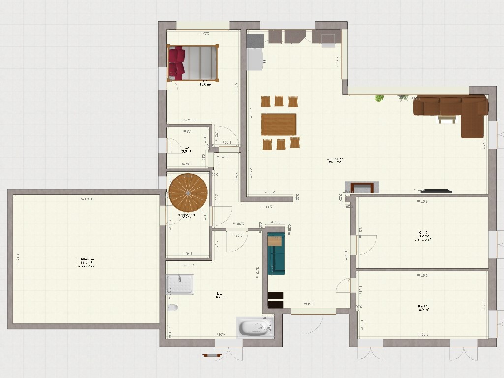 Grundriss eines Hauses mit offener Wohnküche, Essbereich, Schlafzimmer, Bad, Treppenhaus, Garage.