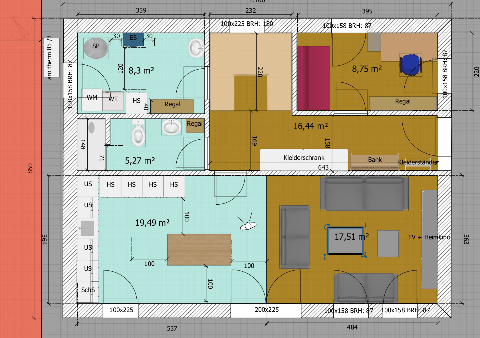 Grundriss einer Wohnung mit Küche, Bad, WC, Flur, Wohnzimmer und Schlafzimmer