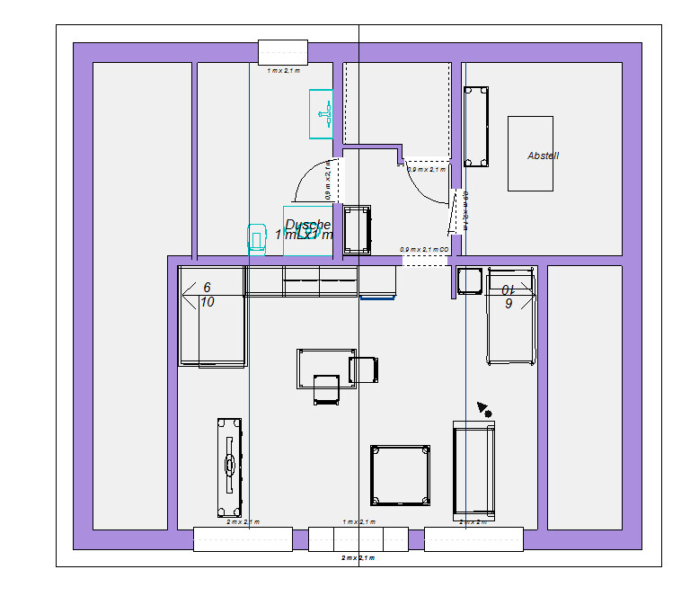 Grundriss eines Wohnraums mit Badezimmer, Dusche, Abstellraum und Möbeln.
