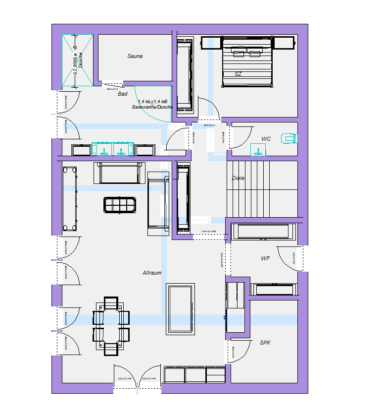 Grundriss eines Hauses: Allraum mit Essecke, Küche, Diele, Schlafzimmer, WC, Bad, Sauna, SPK, WF.