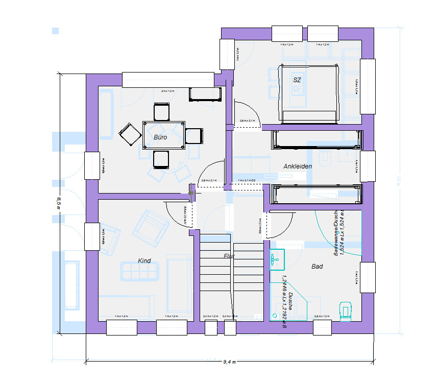 Grundriss eines Hauses mit Büro, Kinderzimmer, Schlafzimmer, Ankleide, Bad und Flur.